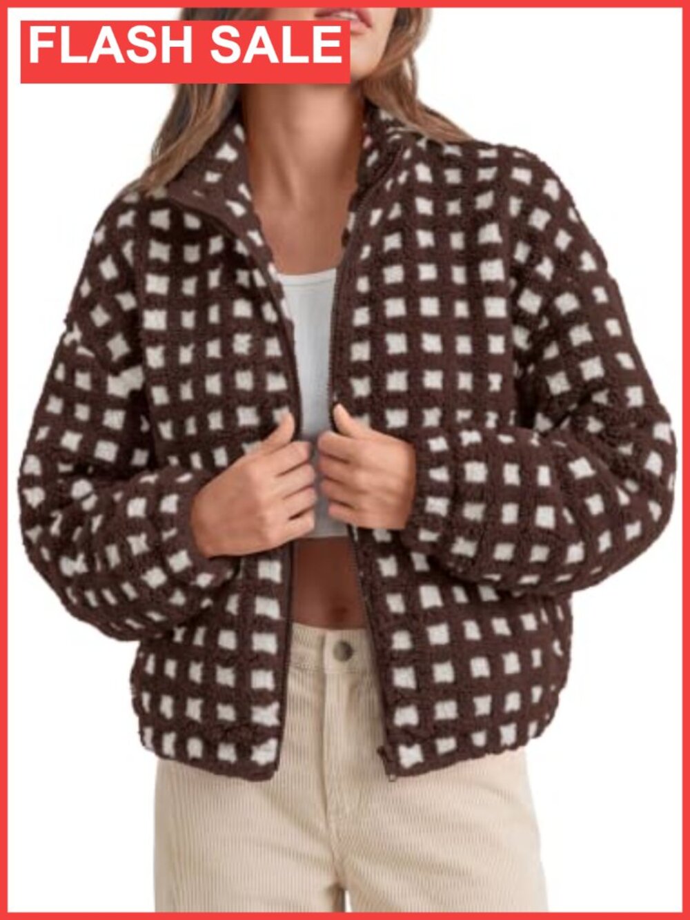 PRETTYGARDEN Women's Gingham Sherpa Fleece Jacket Plaid Cropped Teddy Coat